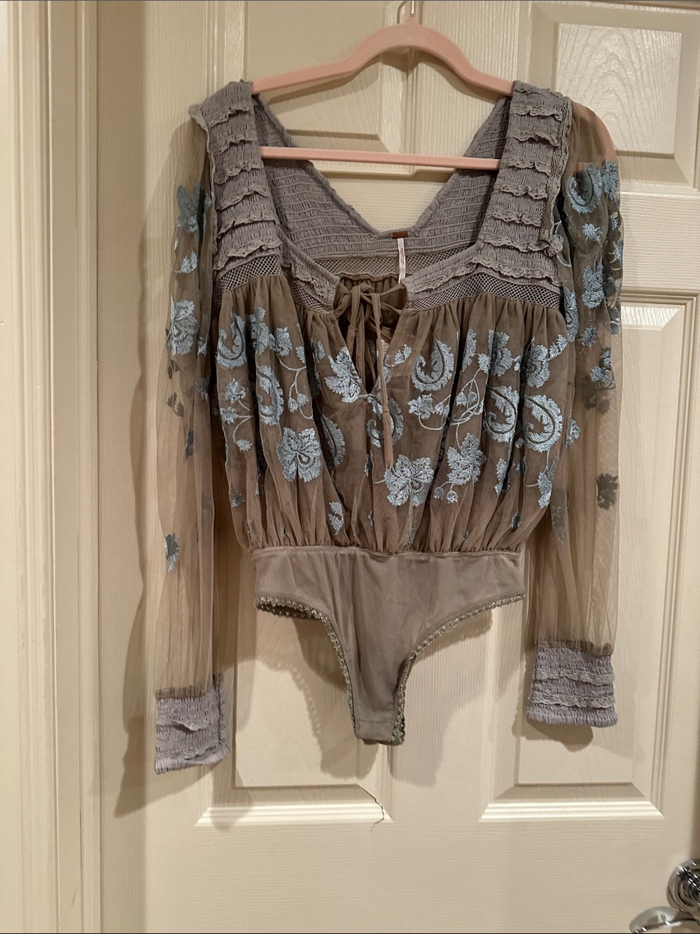 Free People Taupe Sheer Embroidered Bodysuit with Light Blue Floral Accents